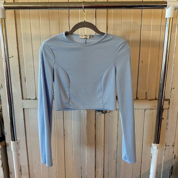 Flounce Sky Baby Blue Cropped Long Sleeve Blouse - Picture 1 of 4